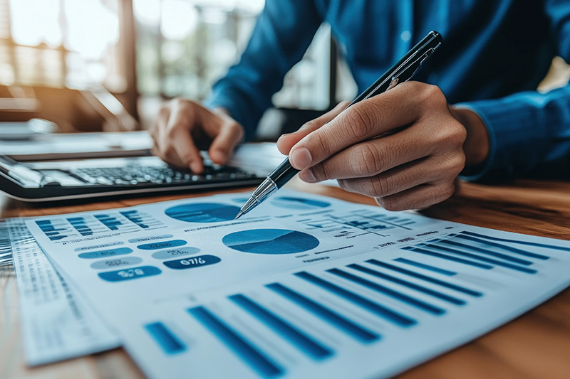 person pointing to printed charts and graphs on desk